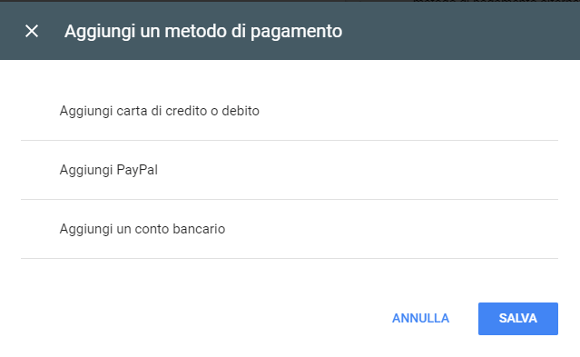 metodi di pagamento Google Ads iban carta di credito paypal