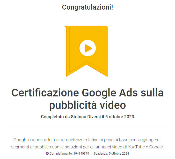 certificazione-stefano-diversi-sulla-pubblicità-video-youtube-ads
