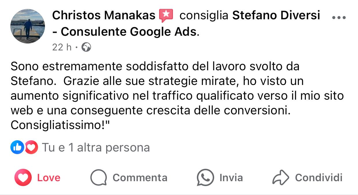 Christos Manakas Recensioni Ottobre 2024 Pagina Facebook di Stefano Diversi Consulente Digital Marketing ed Esperto Google Ads (2)