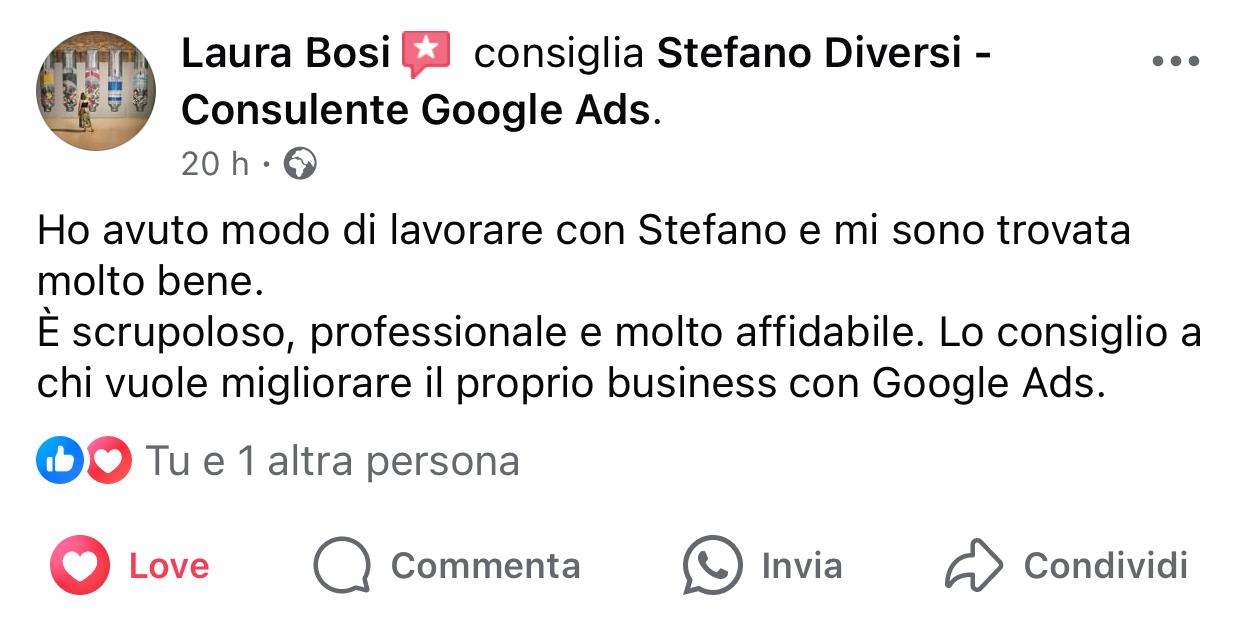 Laura Bosi Recensioni Ottobre 2024 Pagina Facebook di Stefano Diversi Consulente Digital Marketing ed Esperto Google Ads (3)