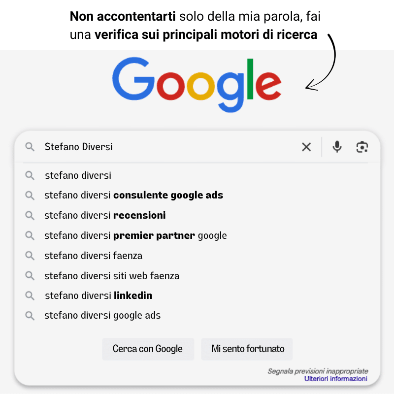 Ricerca Google di Stefano Diversi - SERP Stefano Diversi - Consulente Google Ads - v2