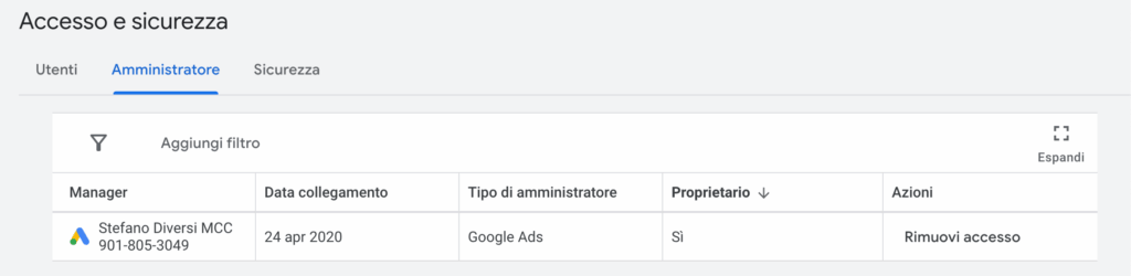 Google Ads - Amministratore account Google Ads - Menu Accesso e Sicurezza