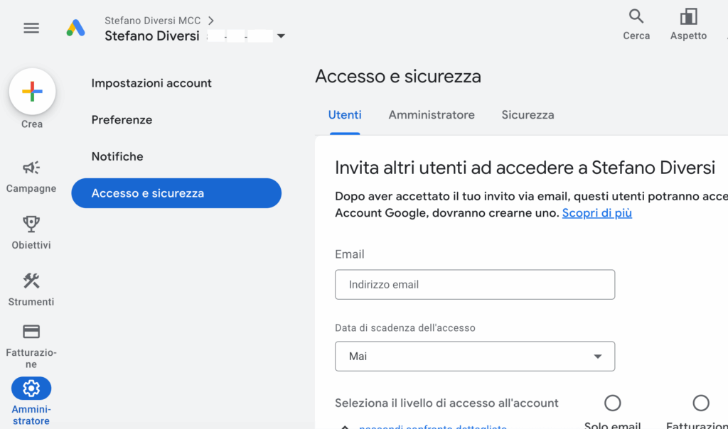 Stefano Diversi MCC - Accesso account attivo come amministratore